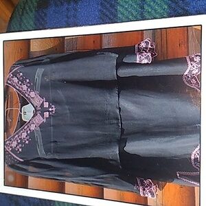 ⚜️ Black Silk Blouse WILLI SMITH w/SKIRT  SEQUINS & EMBROIDERED PINK Sz 10